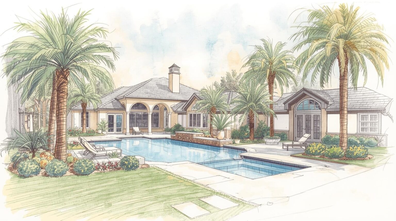 pool design blueprint for resedential add palmt trees florida